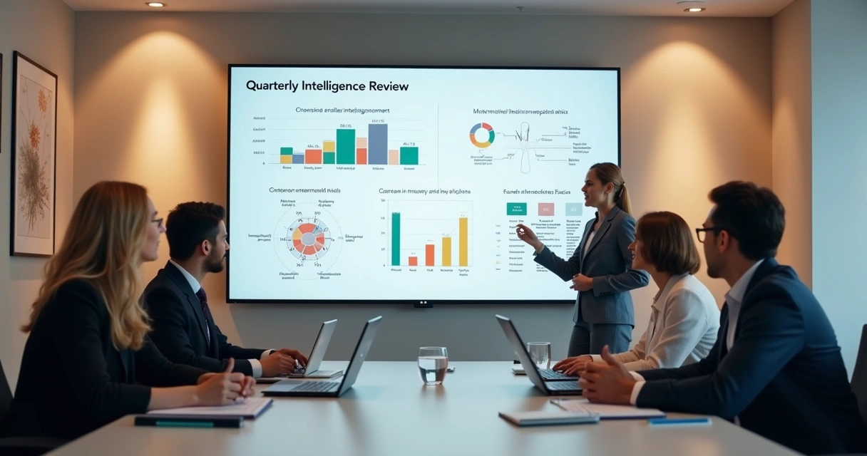 Quarterly market intelligence review on office screen