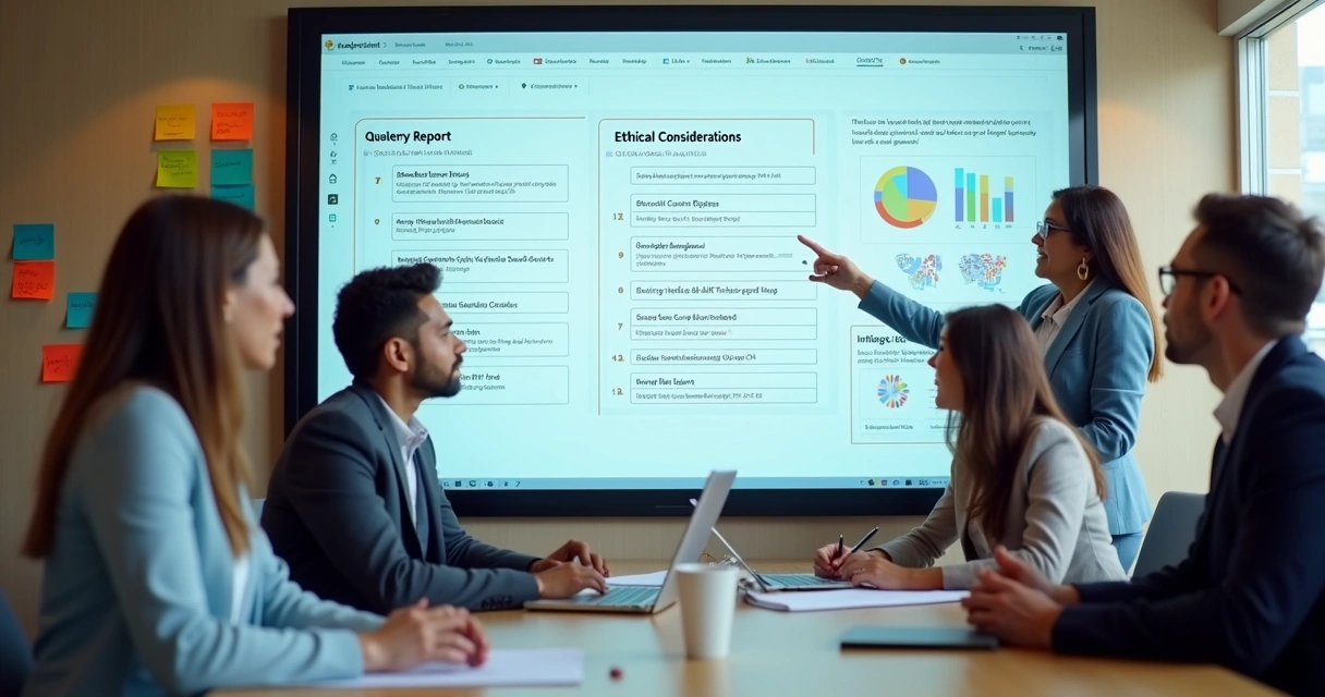 Team reviewing quarterly report on large screen in office 