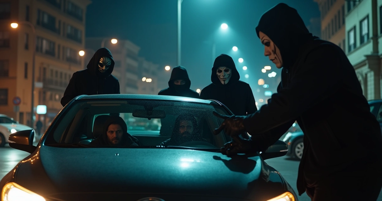 Quatro homens mascarados em volta de carro na rua 
