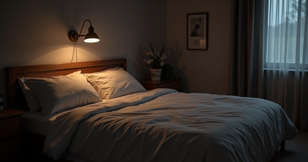Quarto escuro e aconchegante com cama arrumada, luz suave e almofadas