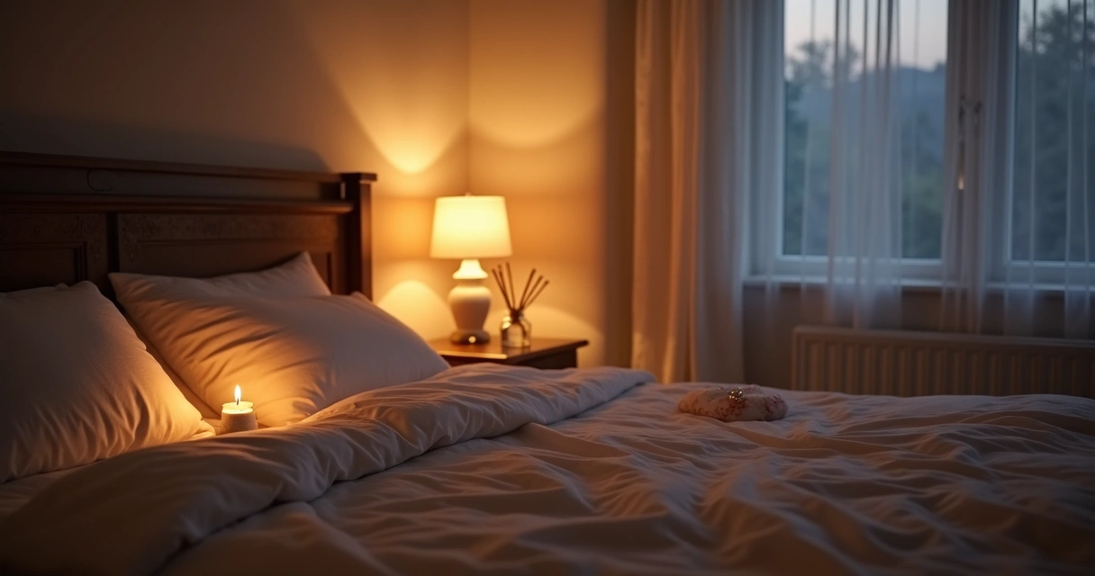 Quarto iluminado por vela e luz suave, ambiente calmo para oração 