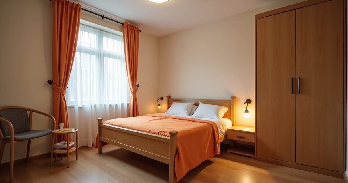 Quarto de idoso com cama na altura ideal e barras de apoio 