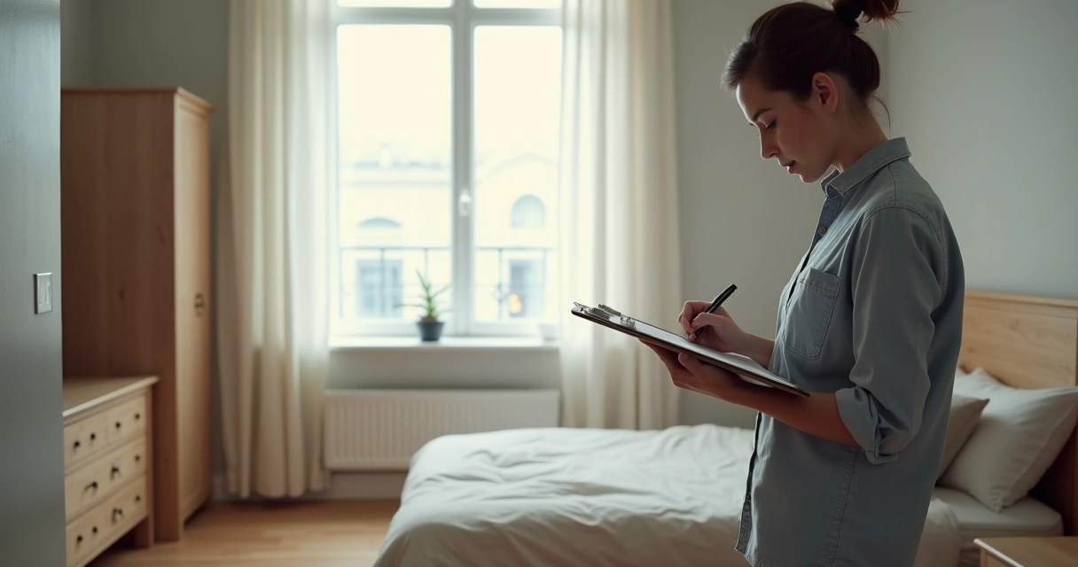 Pessoa fazendo vistoria em quarto alugado, anotando observações em prancheta 
