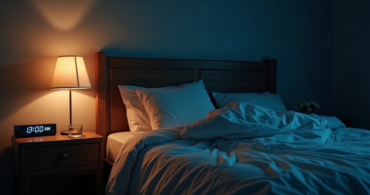 Quarto escuro com cama desarrumada e abajur aceso, mostrando sensação de solidão e tensão noturna 