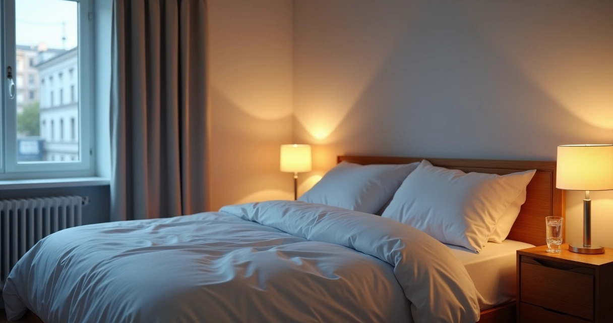 Quarto arrumado para dormir com iluminação suave 