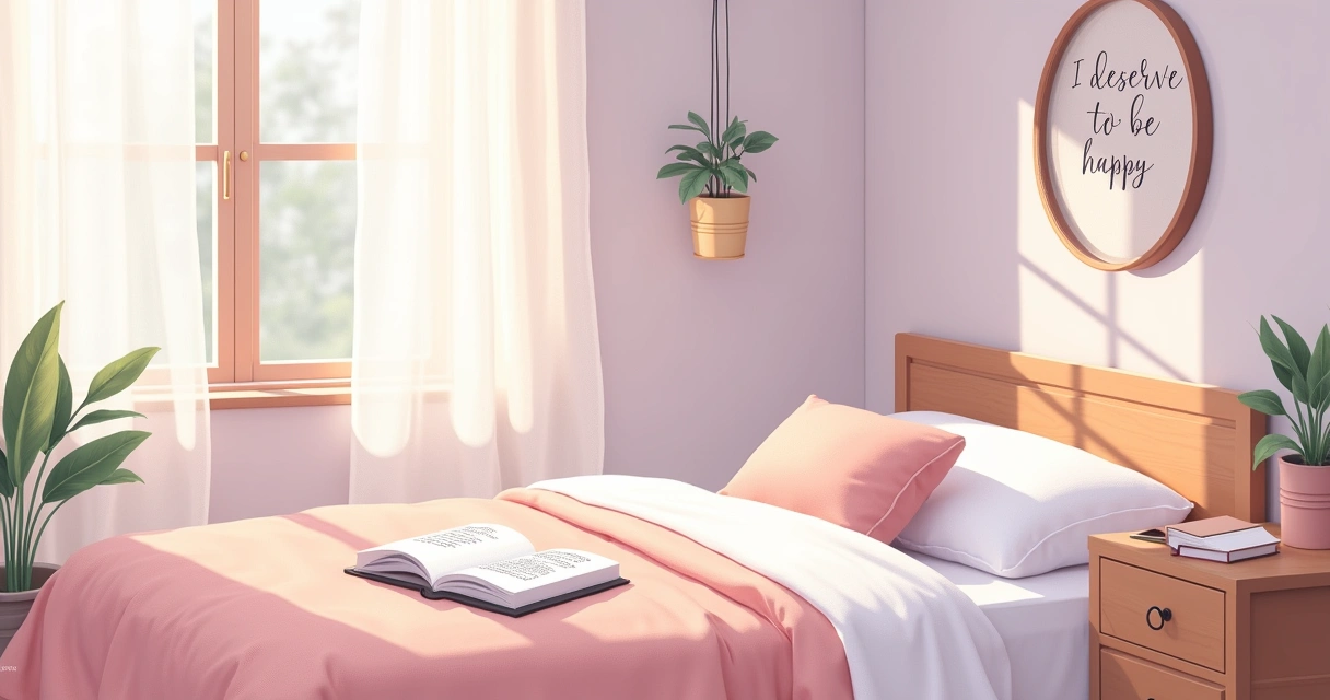 Quarto acolhedor com diário aberto, frases de gratidão e espelho refletindo afirmações positivas.