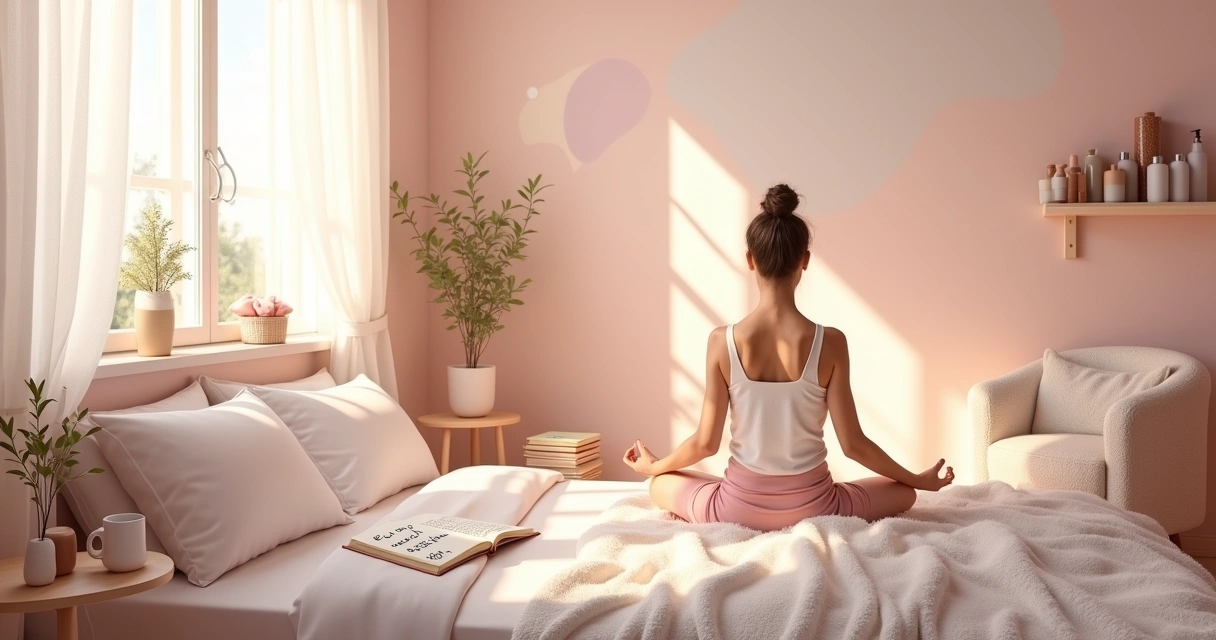 Quarto acolhedor com práticas de autoamor, como meditação, afirmações e autocuidado.