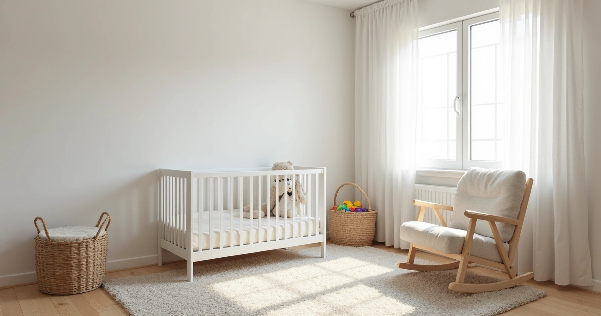 Quarto de bebê minimalista e seguro com berço e detalhes em algodão 