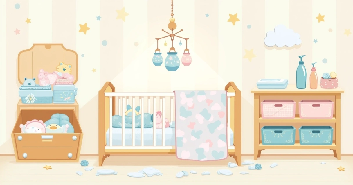 Quarto de bebê organizado com roupas, fraldas e móveis essenciais em tons suaves.