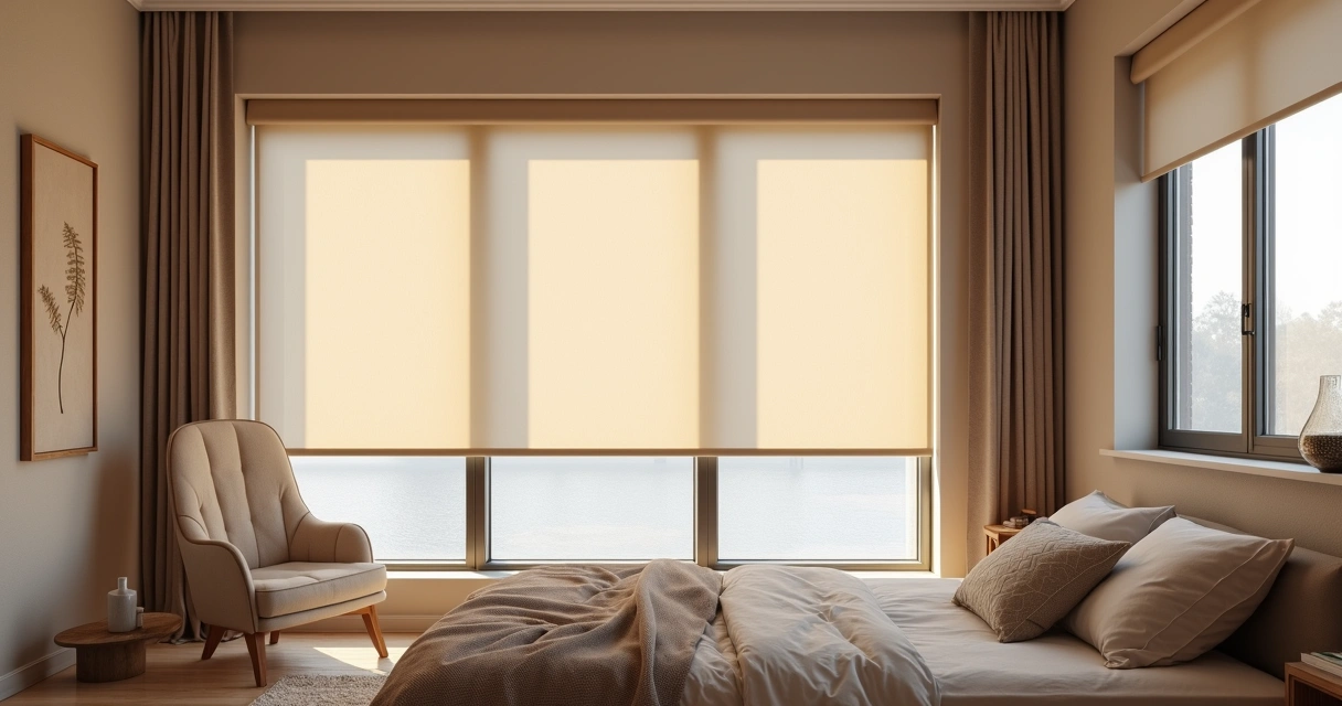 Quarto aconchegante com cortina blackout fechada e iluminação suave 