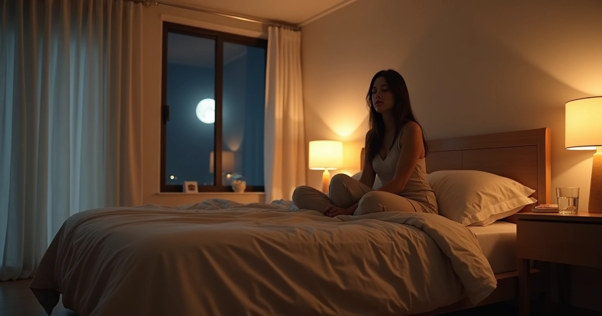 Quarto com luz suave e pessoa sentada na cama em silêncio