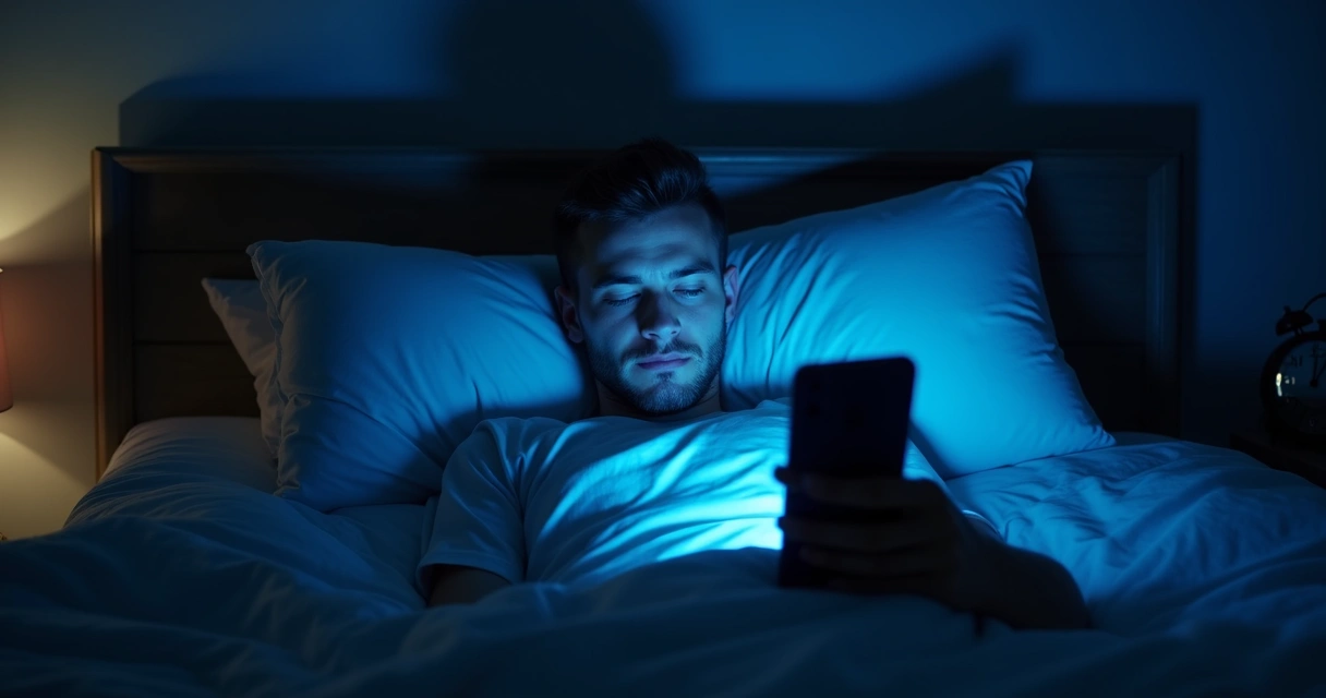 Quarto escuro com luz azul da tela do celular 