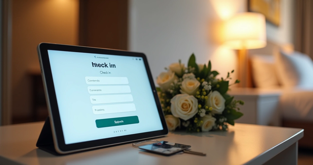 Tablet com check-in digital em quarto de hotel moderno 