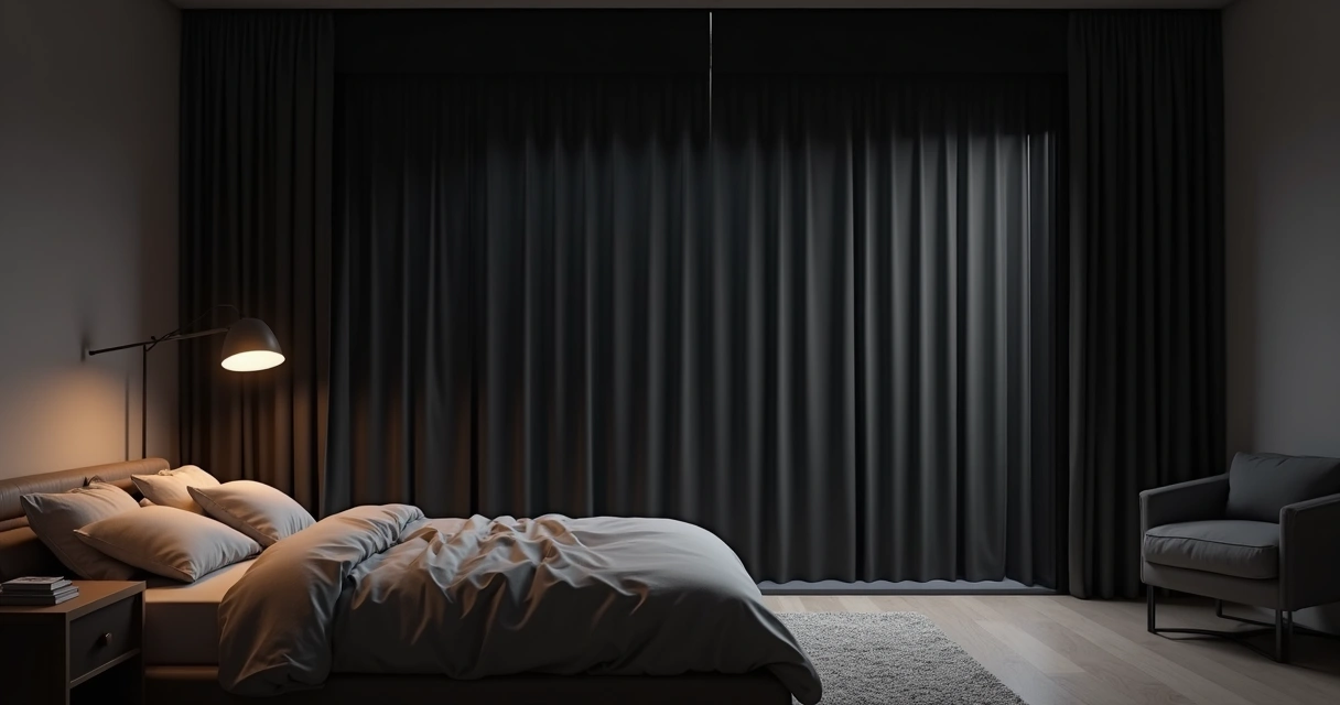 Quarto escuro com persiana vertical blackout fechada