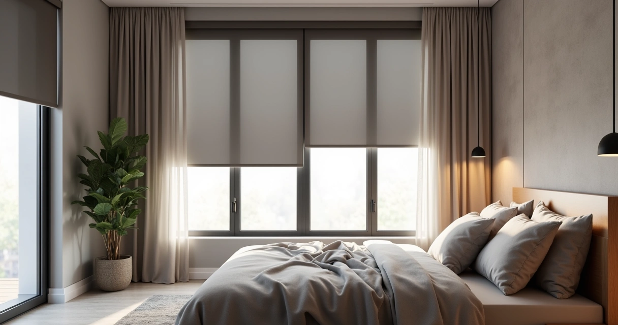 Quarto com persianas blackout e cortinas claras, ambiente iluminado e decoração moderna 