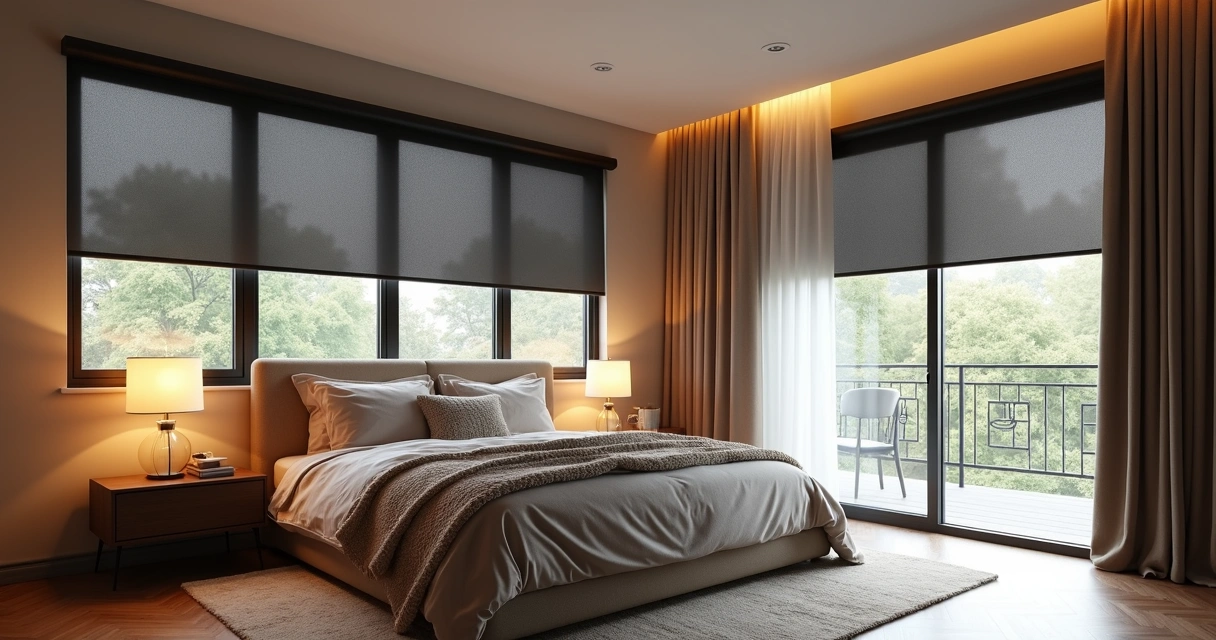 Quarto moderno com persianas blackout e rolô em janelas grandes, decoração aconchegante e iluminação natural controlada 