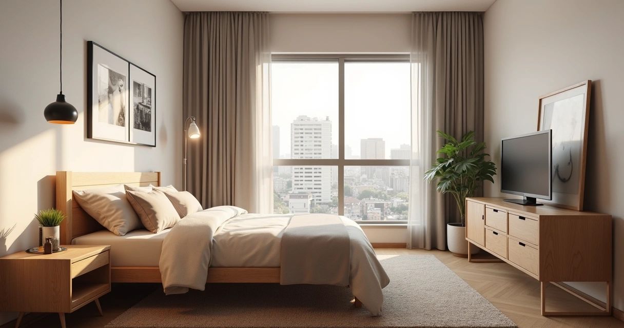 Quarto mobiliado para alugar no Brasil com decoração simples e janela com vista urbana 