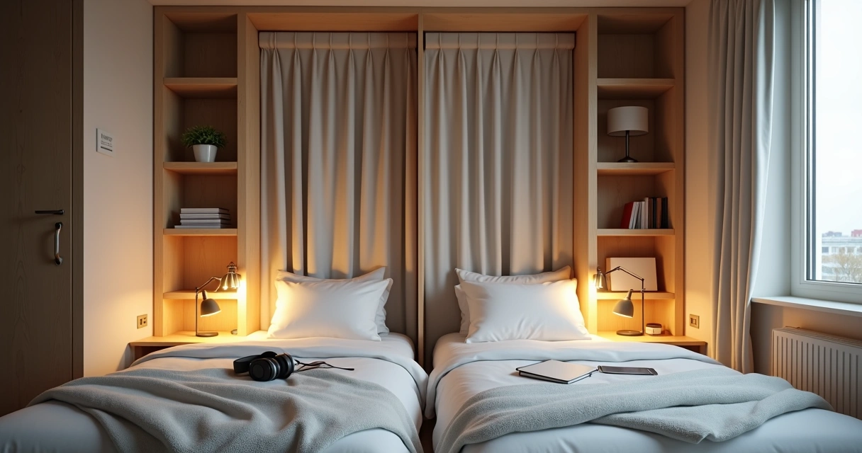 Divisão de quarto compartilhado com estante e cortina entre camas 