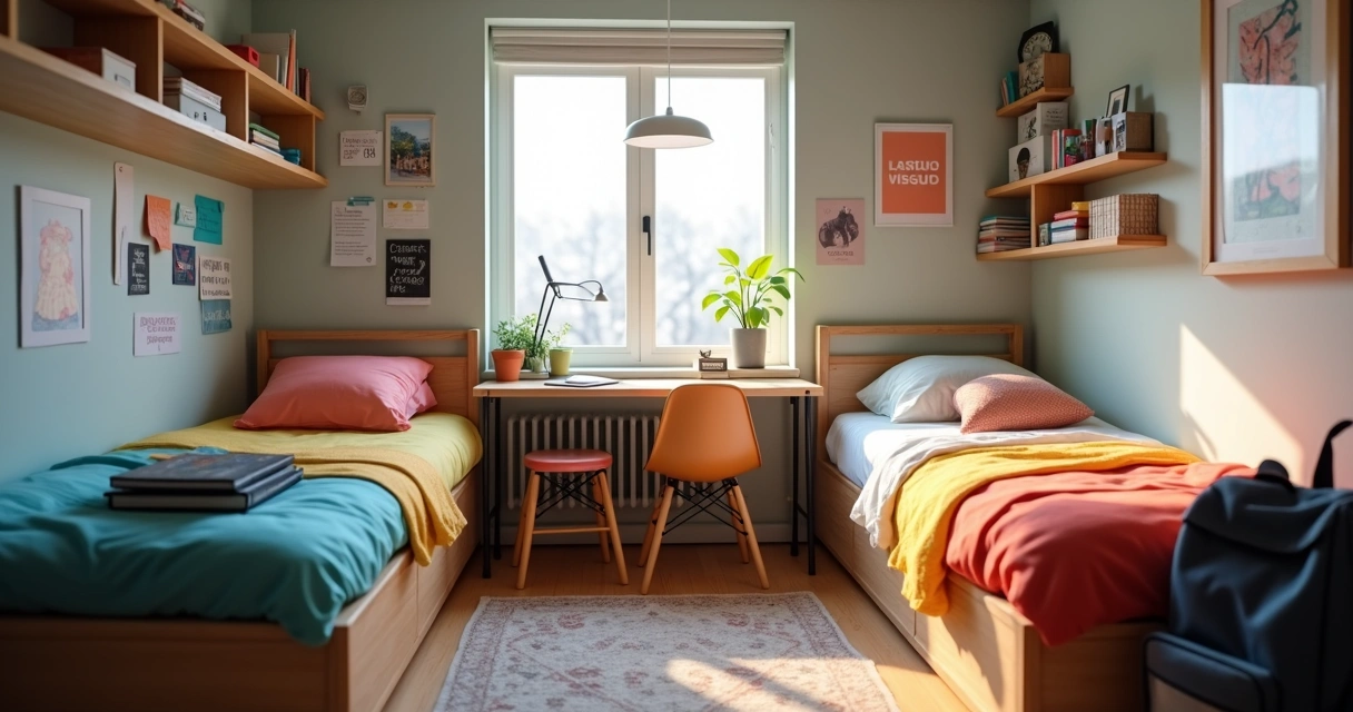 Quarto compartilhado decorado para estudantes, com mochilas e livros 
