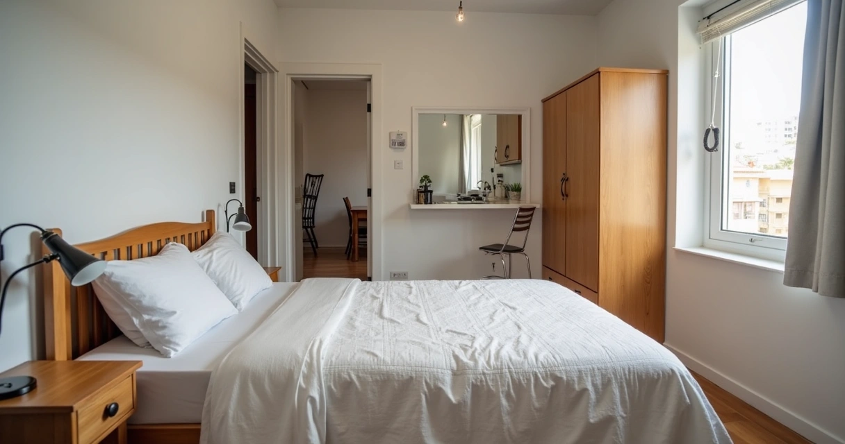 Quarto mobiliado com decoração simples em apartamento compartilhado em Florianópolis