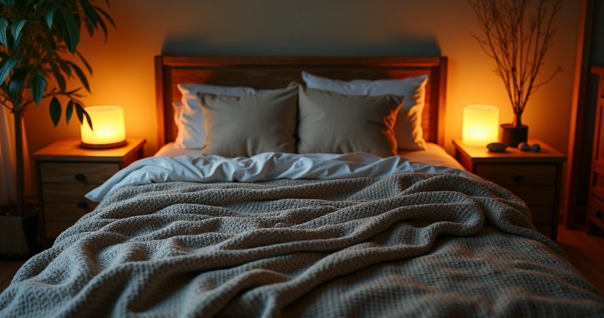 Quarto aconchegante com edredom grosso e luz amarela suave 