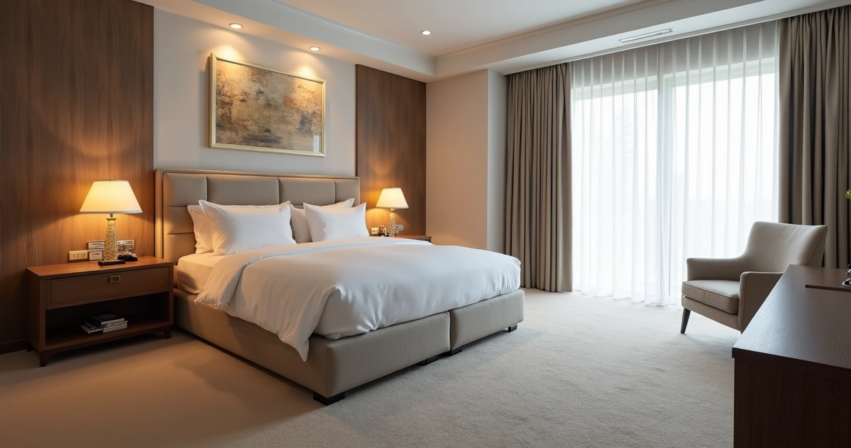 Quarto contemporâneo com cama grande e luz de abajur 