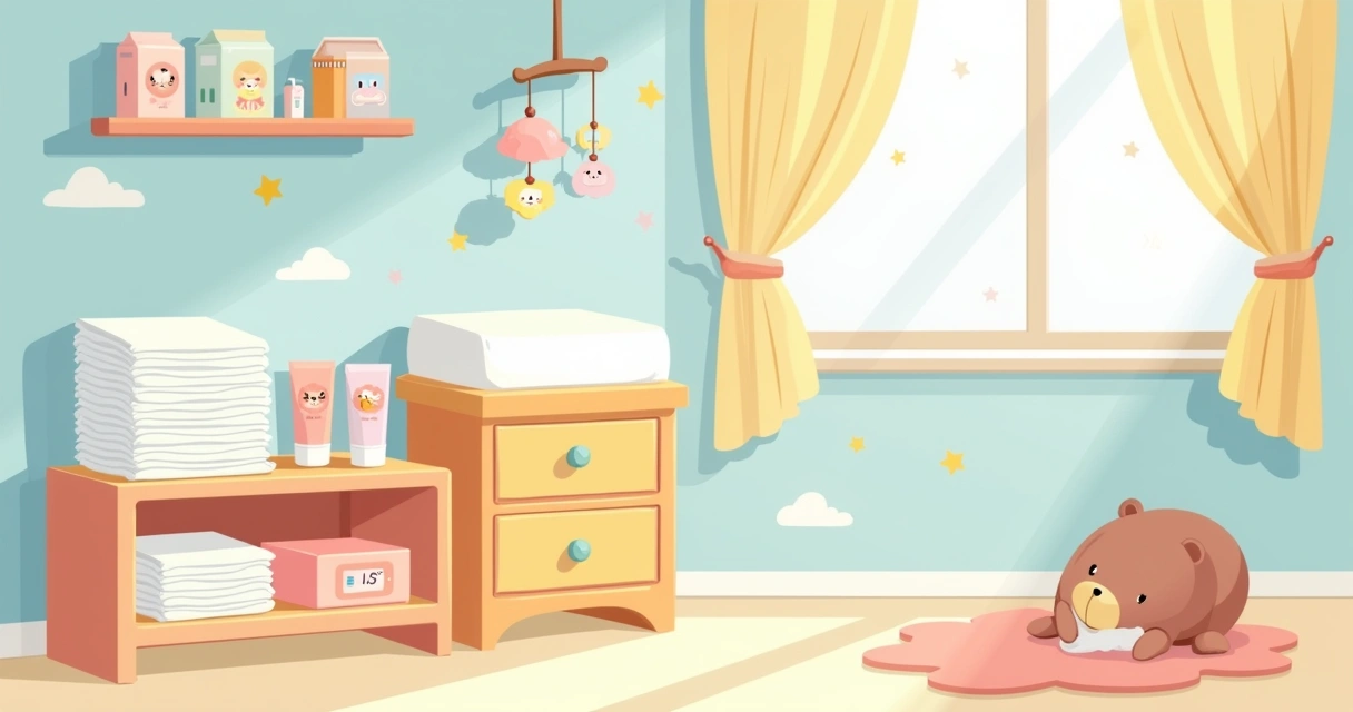 Quarto de bebê iluminado com fraldas, lenços umedecidos, creme para assaduras e termômetro.