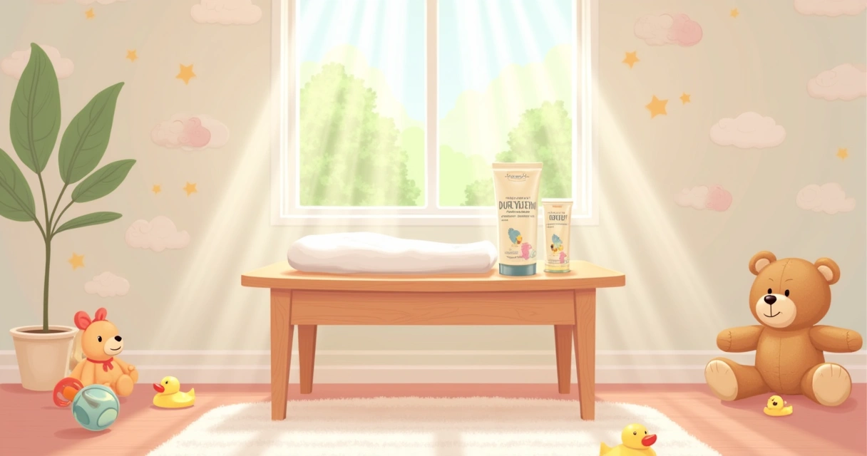 Ambiente sereno de um quarto de bebê com mesa de troca, toalha, pomada e brinquedos coloridos.