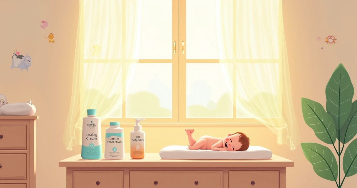 Ilustração de um quarto de bebê com uma mesa de troca e tubos de pomada para assaduras.