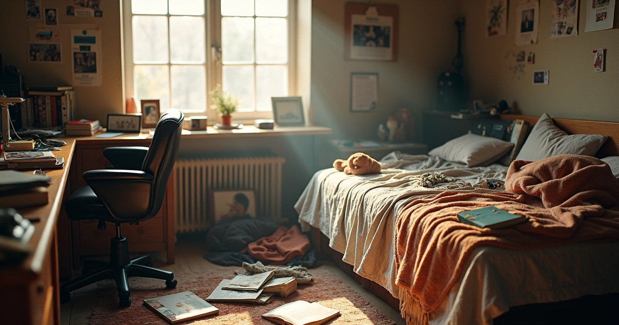 Quarto bagunçado mostrando objetos pessoais espalhados 