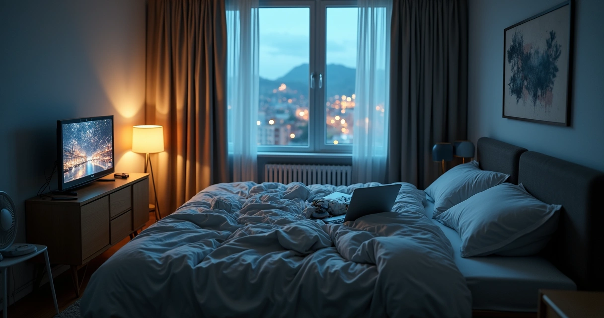 Quarto iluminado e bagunçado que atrapalha o sono 
