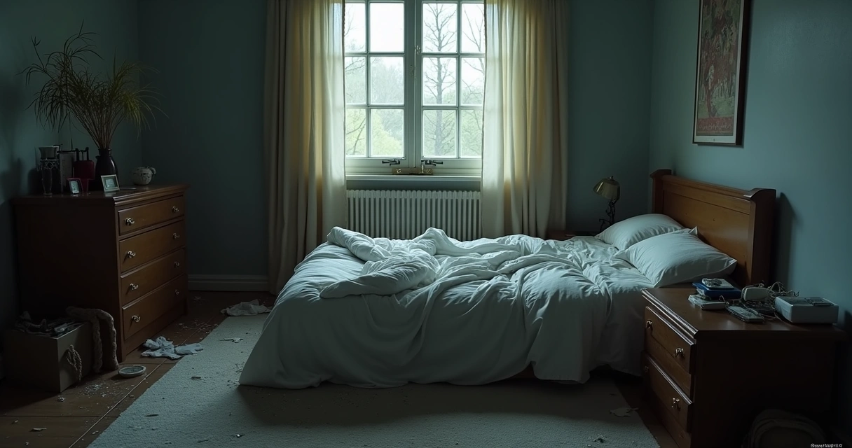 Quarto bagunçado com luz baixa e sensação de peso 