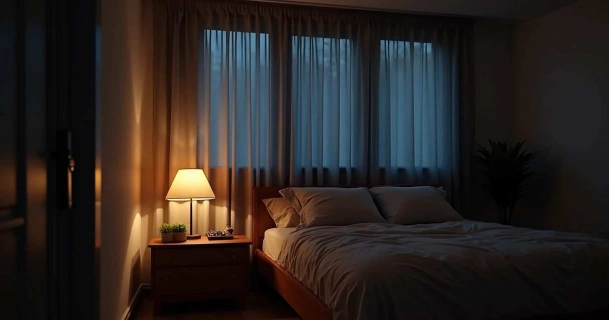 Quarto escuro com cortinas blackout e ambiente aconchegante 