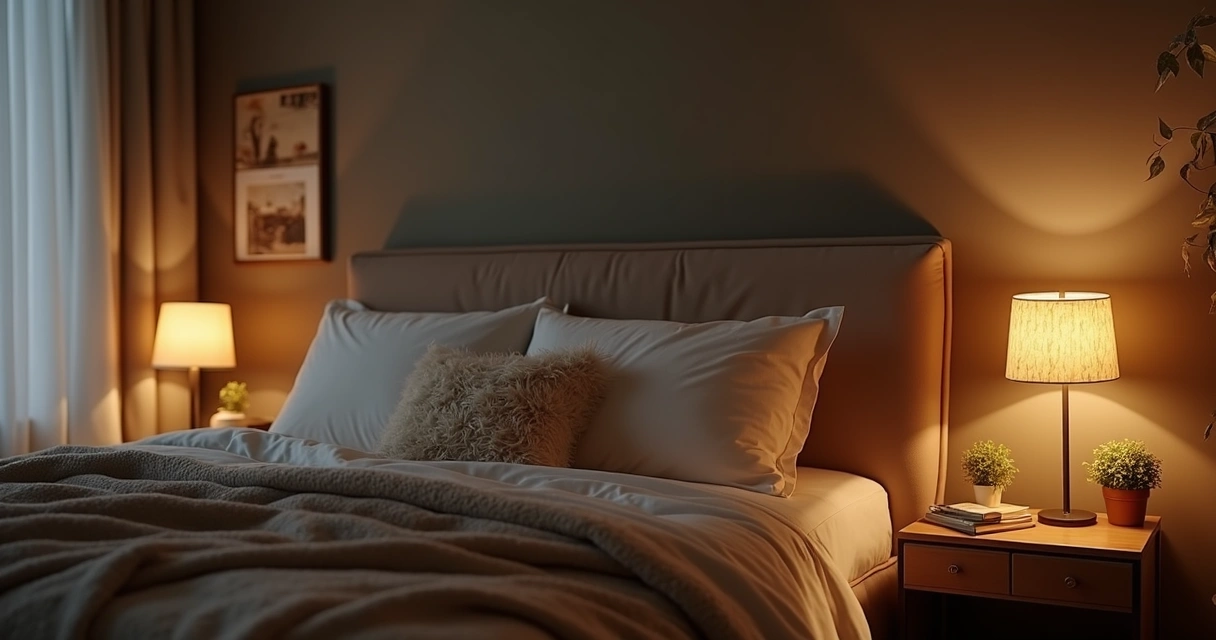 Quarto arrumado, escuro, ambiente relaxante 