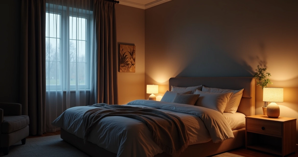 Quarto escuro com cama confortável, cortinas fechadas e iluminação suave 