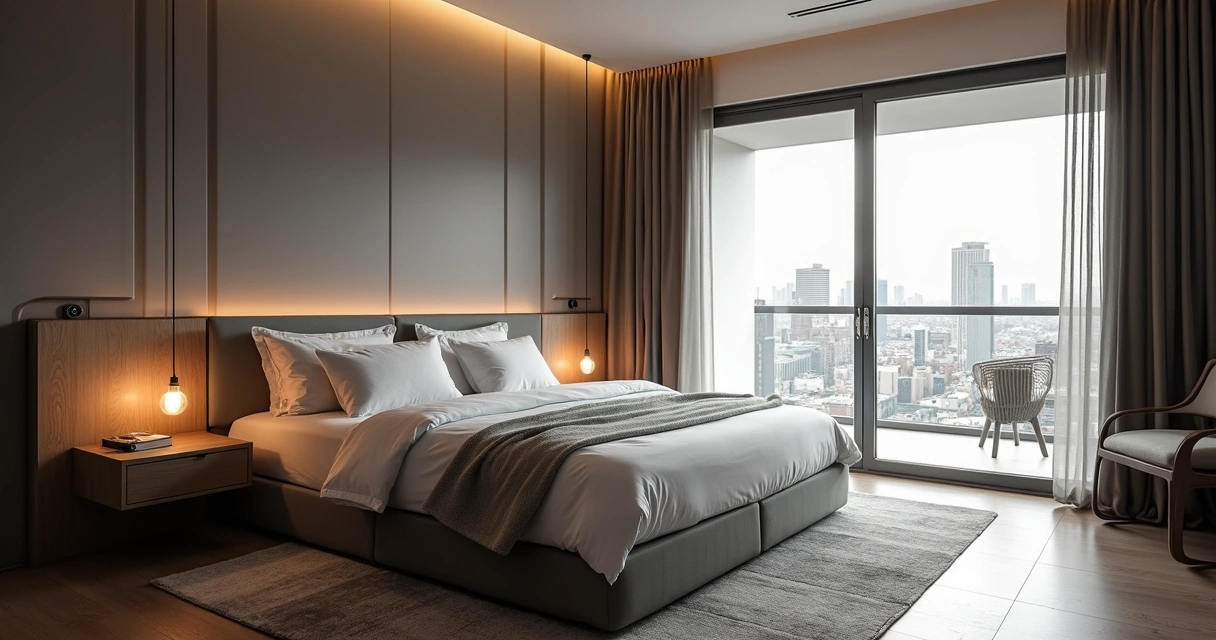 Quarto confortável com iluminação suave e cortinas blackout 
