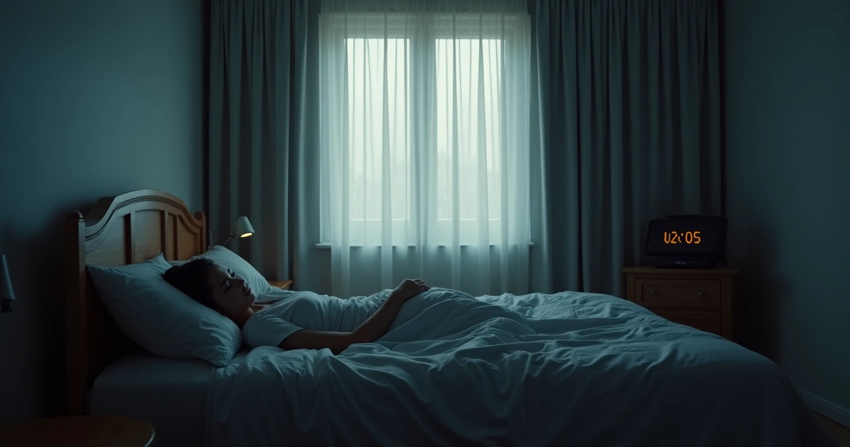 Quarto escuro com janelas fechadas e cortinas longas, luz suave incidindo na cama e relógio digital ao lado. 