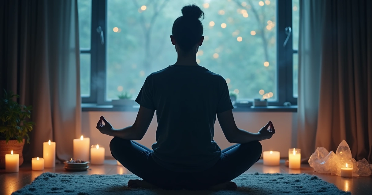 Pessoa sentada em posição de meditação, ambiente escuro iluminado por luz suave e elementos espirituais ao redor 