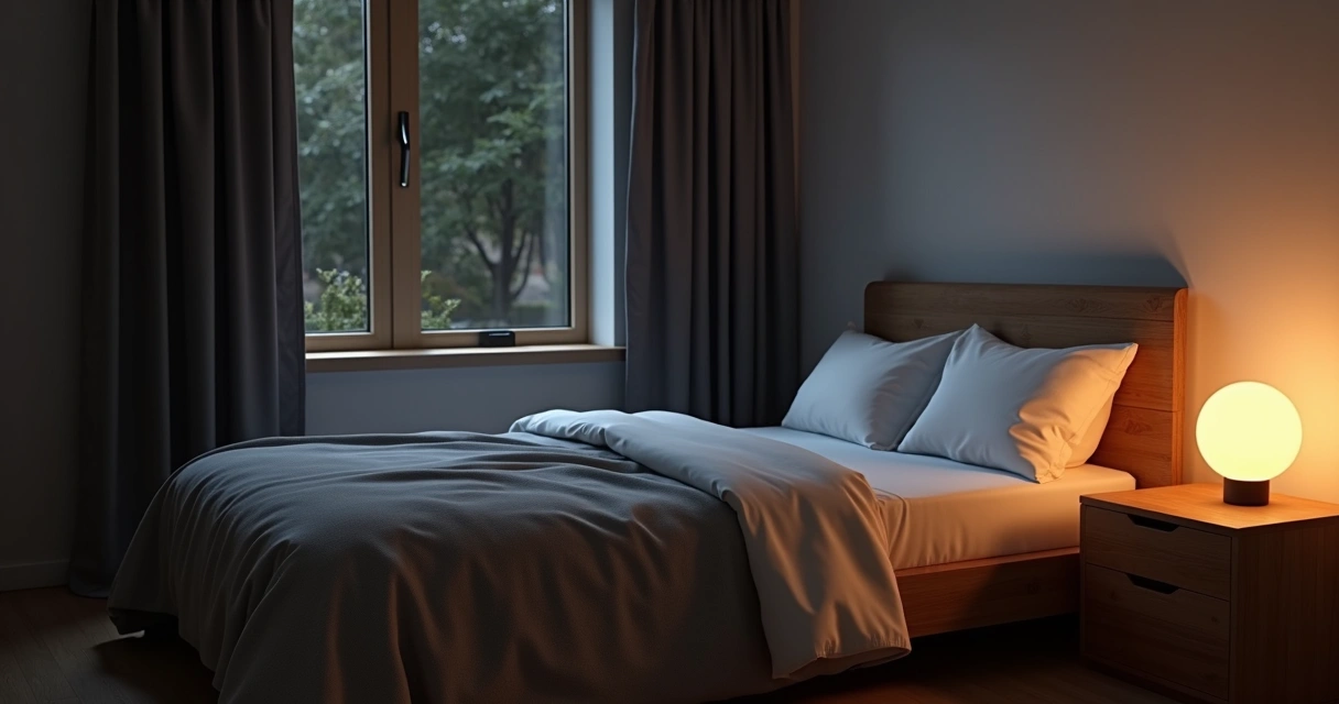 Ambiente de quarto escuro e minimalista com cama arrumada e luminária suave