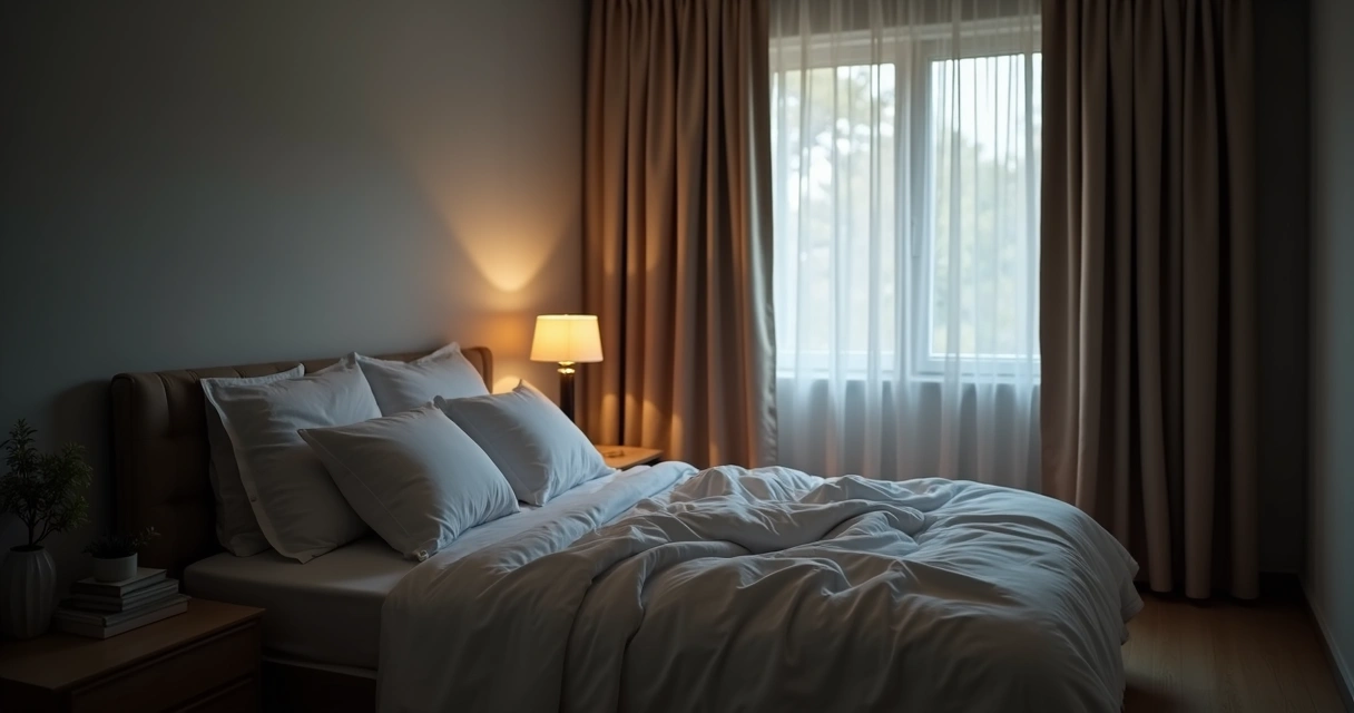 Quarto escuro com cama arrumada, cortinas fechadas e ambiente acolhedor