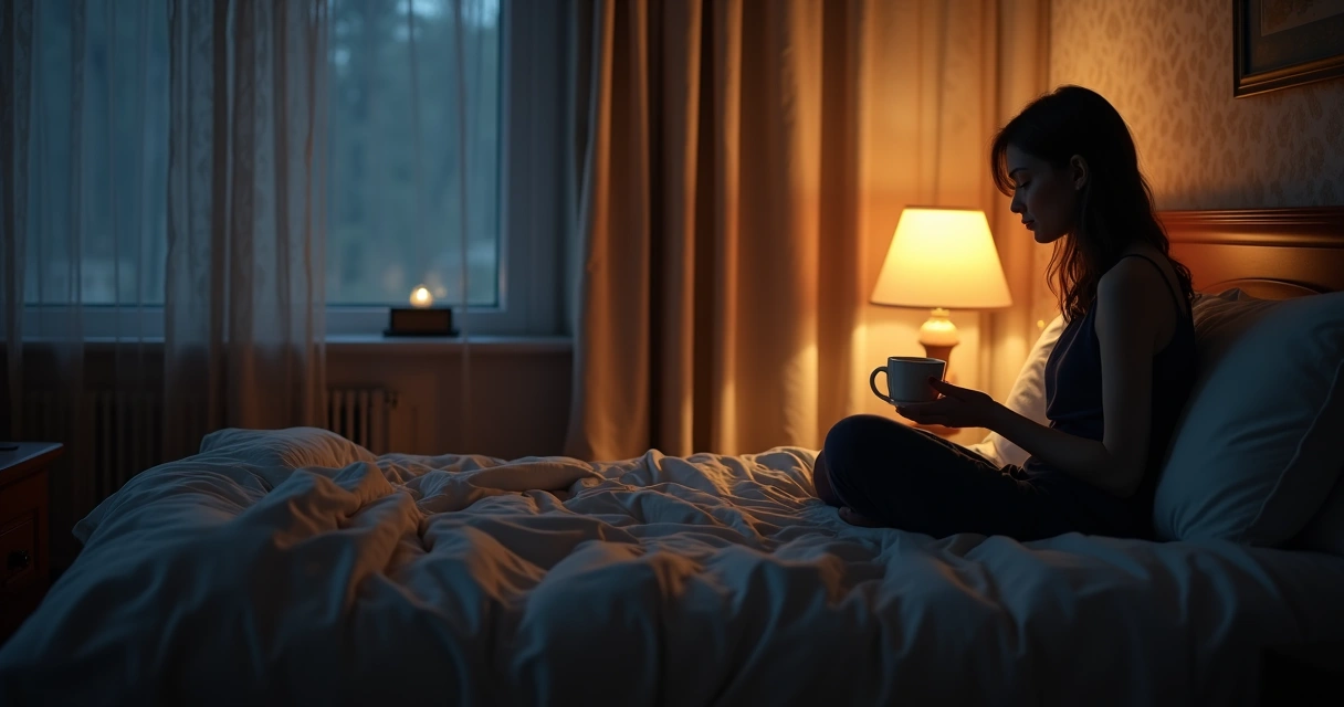 Quarto escuro tranquilo com cama desarrumada e luz suave ao fundo. 