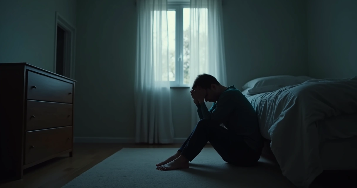 Pessoa sentada sozinha em um quarto escuro, apoiando cabeça nas mãos