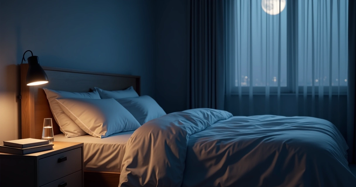Quarto escuro com cama arrumada e luz suave da janela 