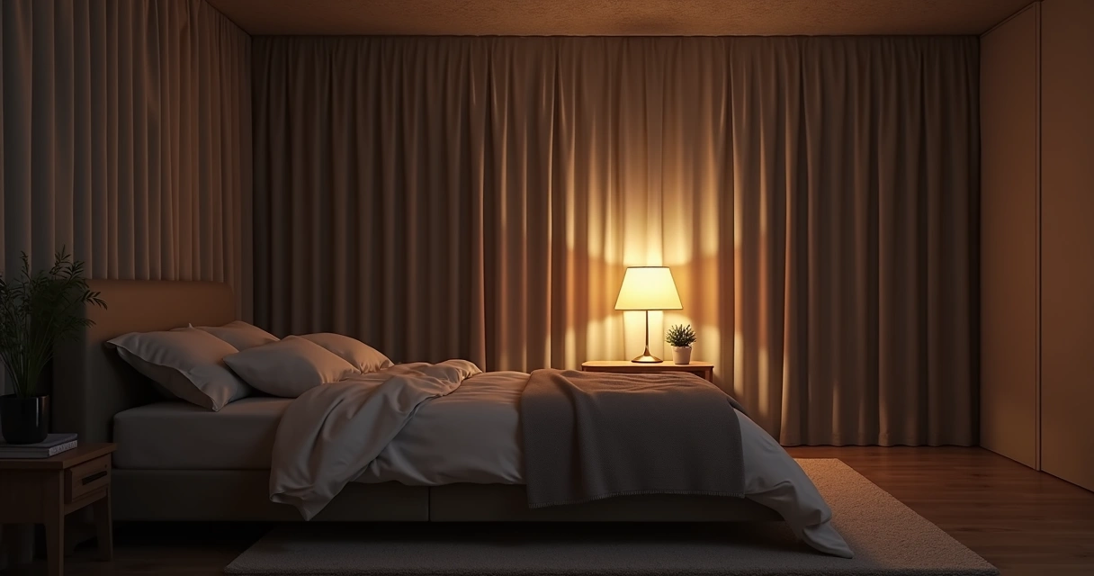 Quarto escuro com iluminação suave e ambiente tranquilo. 