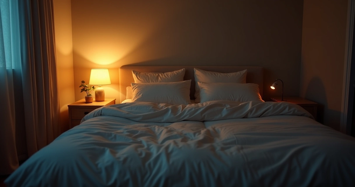 Quarto escuro com luz suave e ambiente acolhedor, cama arrumada e plantas no canto 