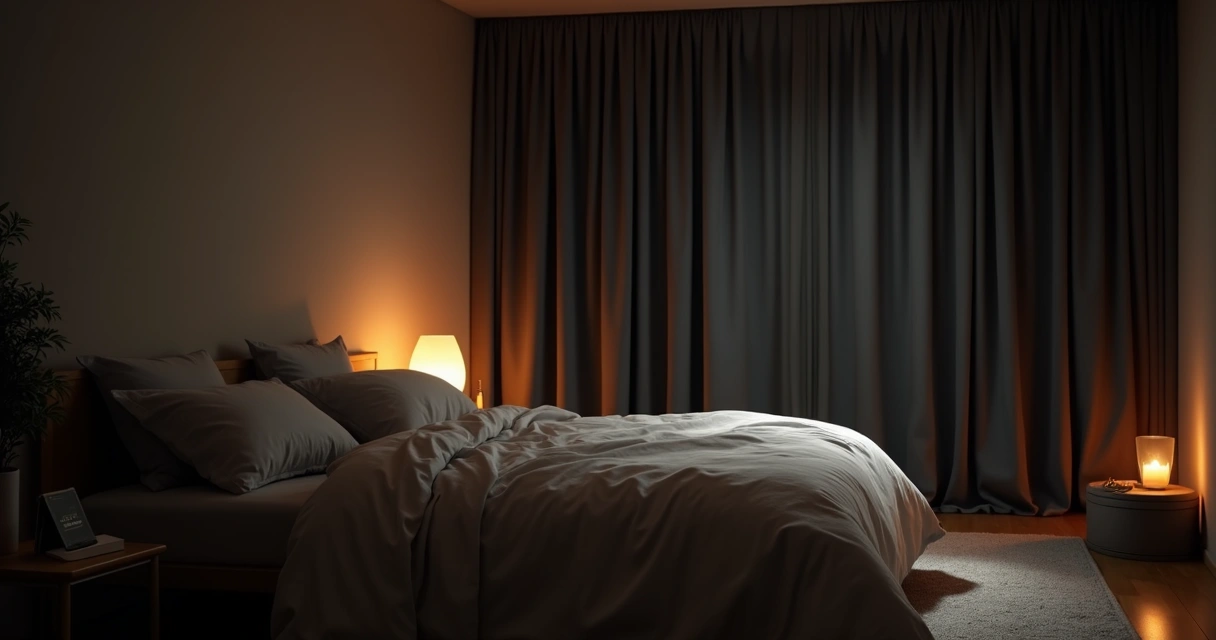 Quarto silencioso e escuro com cortinas fechadas e luz suave 