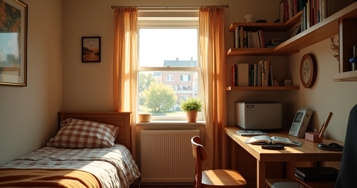 Quarto de estudante com móveis simples e luz natural na Irlanda. 