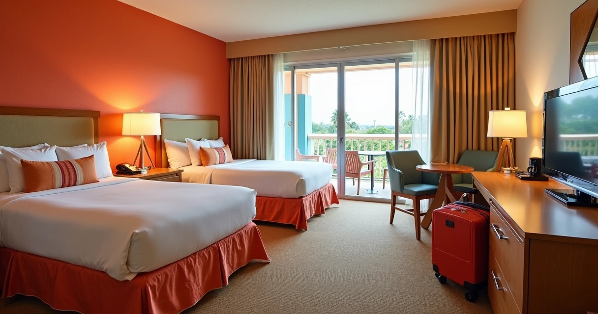 Quarto familiar com decoração retrô no Cabana Bay, camas grandes e área de estar separada 
