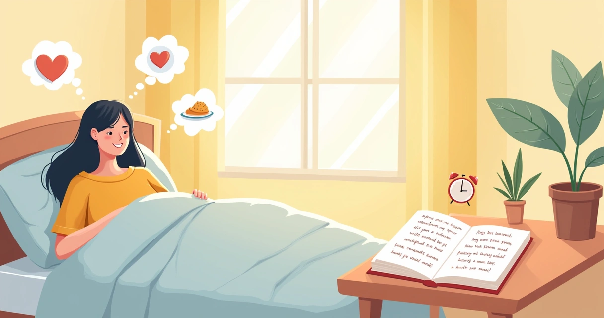 Quarto aconchegante com pessoa acordando feliz, símbolo de gratidão e diário ao lado.