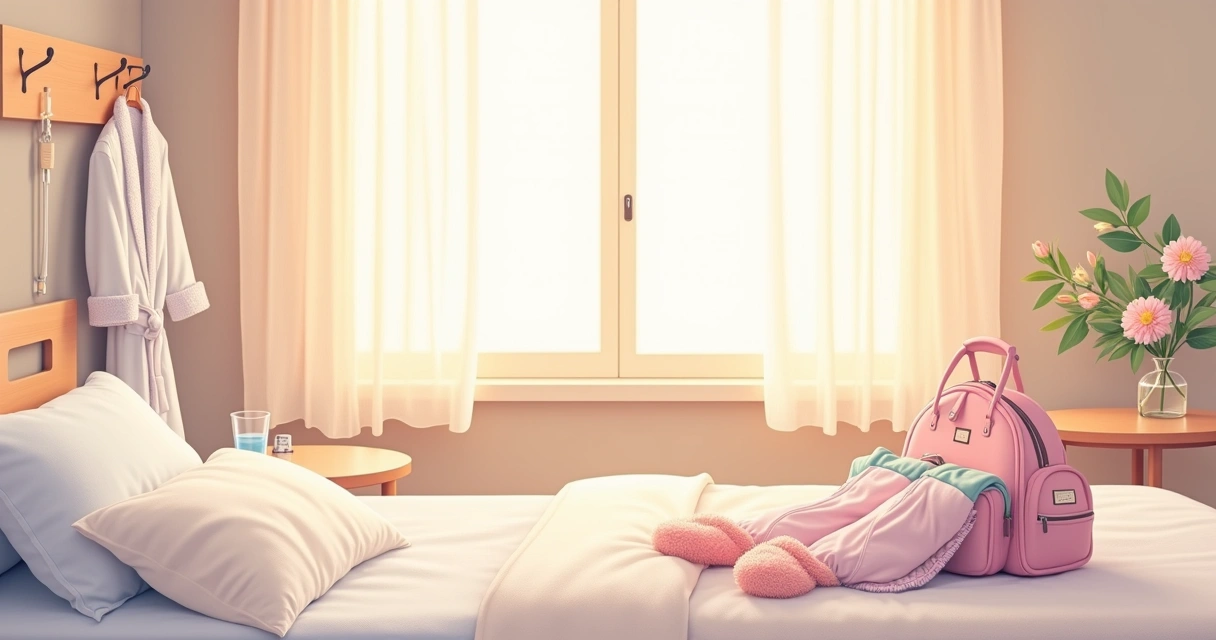 Ilustração de um quarto de hospital aconchegante para mamães, com cama, pijamas, roupão e chinelos.